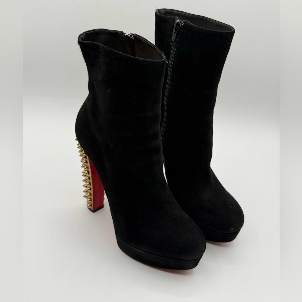 Christian Louboutin Black Suede Studded Heel Taclou Ankle Boots Size 37.5 - Picture 3 of 17